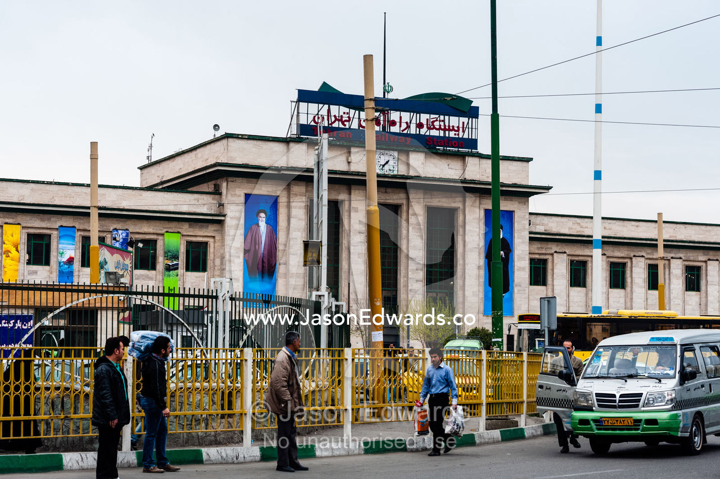 The imposing facade of the central railway station in Tehran. Tehran Railway Station, Tehran, Tehran Province, Islamic Republic of Iran.