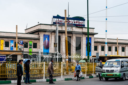 The imposing facade of the central railway station in Tehran. Tehran Railway Station, Tehran, Tehran Province, Islamic Republic of Iran.