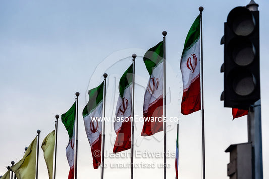 A row of Iranian flags fluttering in the breeze. Tehran, Tehran Province, Islamic Republic of Iran.