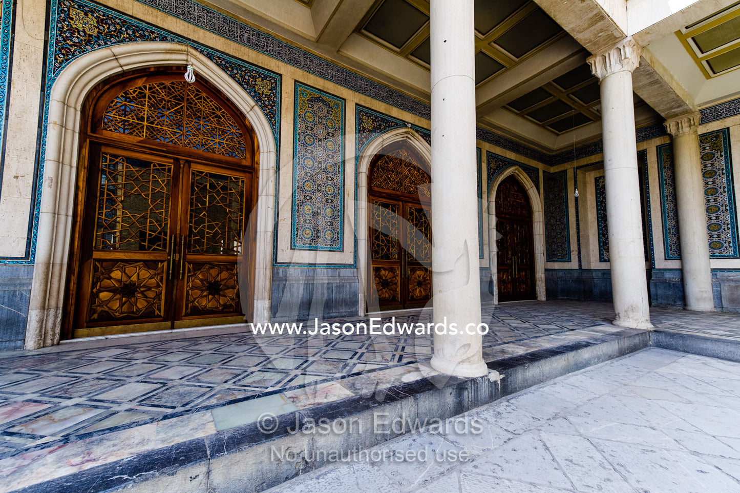 The pillared verandah of a side courtyard of the Holy shrine of Hazrat Masuma. Fatima Masumeh Shrine, Qom, Qom Province, Islamic Republic of Iran.
