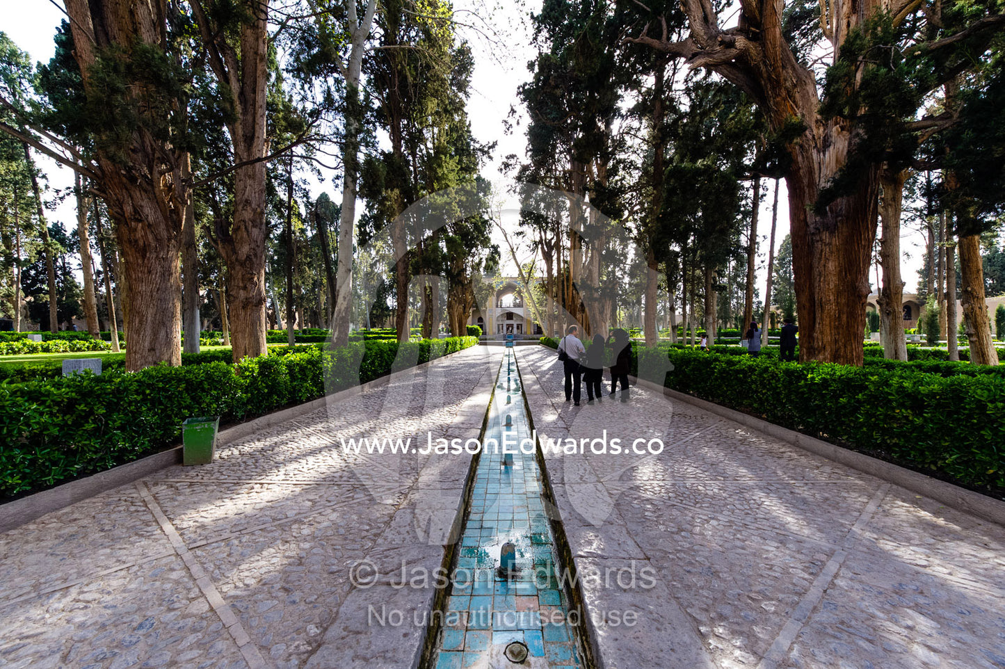 A spring fed water feature running between a row of trees in an historical Persian garden. Fin Garden, Kashan, Isfahan, Islamic Republic of Iran.