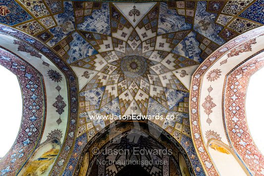 The geometric dome ceiling of the Bagh-e-Fin with it's intricate linear patterns. Fin Garden, Kashan, Isfahan, Islamic Republic of Iran.