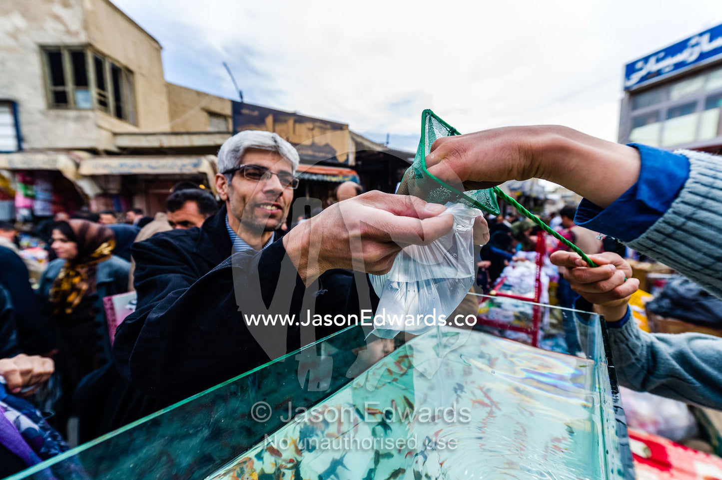 A man purchases a red goldfish to celebrate Nowruz Iranian New Year. Isfahan, Isfahan Province, Islamic Republic of Iran.