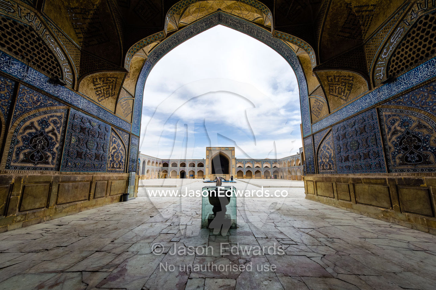 Looking out onto the main courtyard through an iwan of the Jameh Mosque. Jameh Mosque of Isfahan, Isfahan, Isfahan Province, Islamic Republic of Iran.