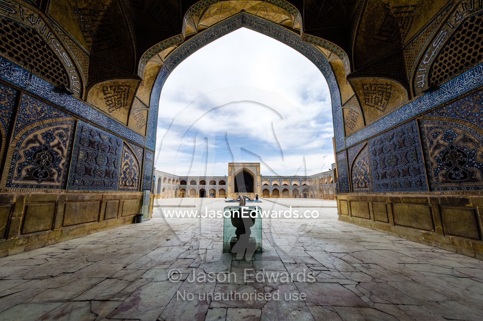 Looking out onto the main courtyard through an iwan of the Jameh Mosque. Jameh Mosque of Isfahan, Isfahan, Isfahan Province, Islamic Republic of Iran.