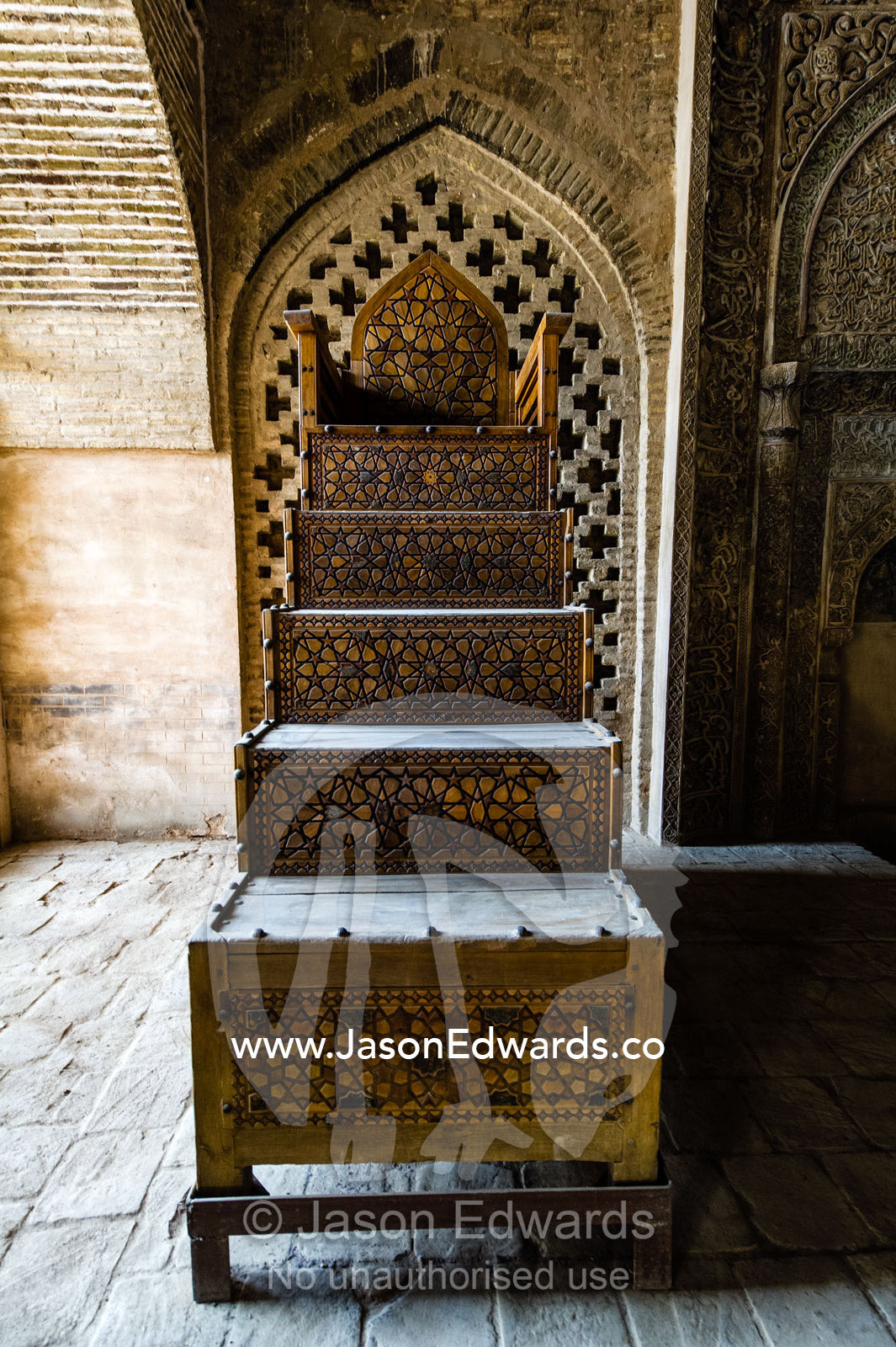 An ancient wooden pulpit and tribune carved and decorated in a mosque. Jameh Mosque of Isfahan, Isfahan, Isfahan Province, Islamic Republic of Iran.