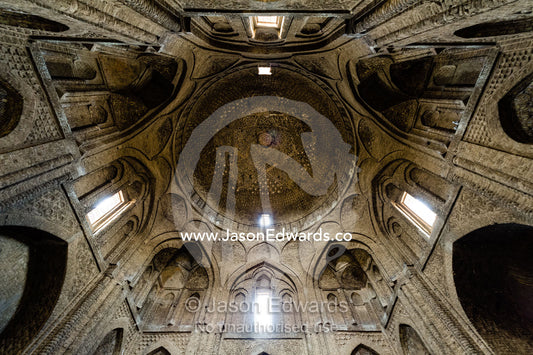 The cavernous, vaulted and domed ceiling of the Jameh Mosque in Iran. Jameh Mosque of Isfahan, Isfahan, Isfahan Province, Islamic Republic of Iran.