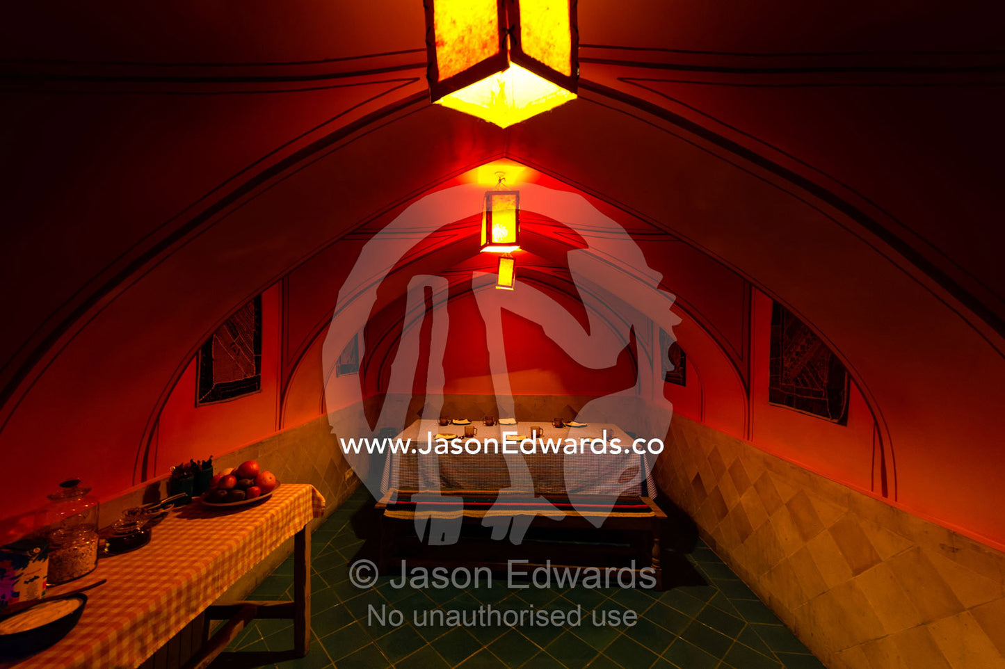 The red vaulted ceiling of a breakfast dining room in a traditional house. Dibai house, Isfahan, Isfahan Province, Islamic Republic of Iran.