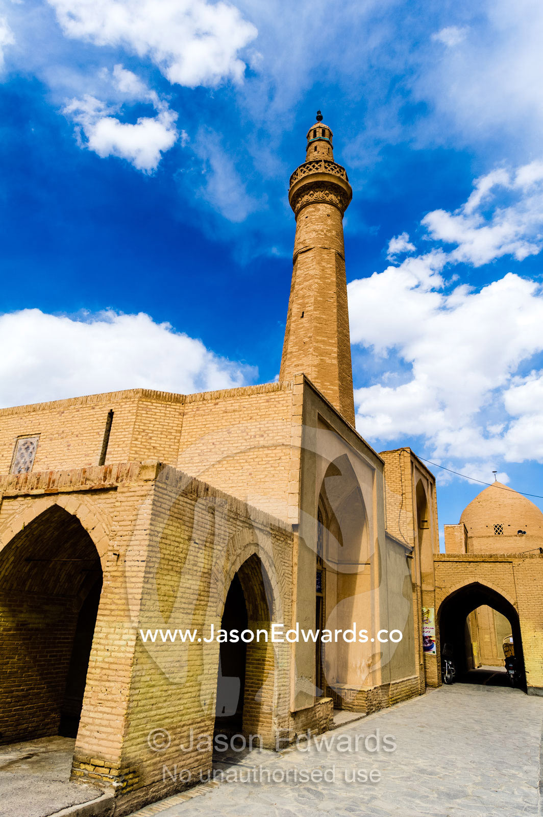 The octagonal minaret and iwans of Jame Mosque in Nain. Jameh Mosque of Nain, Nain, Nain County, Isfahan Province, Iran.