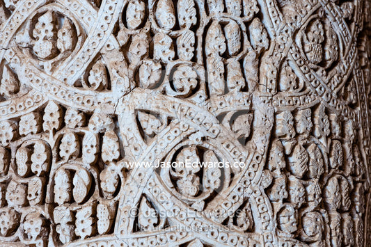 Stucco decoration on the column of Jame Mosque of Nain. Jameh Mosque of Nain, Nain, Nain County, Isfahan Province, Iran.