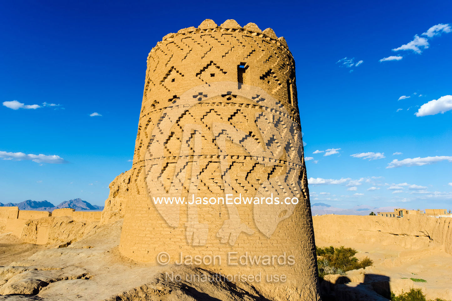 A mud brick watch tower in an ancient desert fortress. Narin Castle, Meybod, Meybod County, Yazd Province, Islamic Republic of Iran.