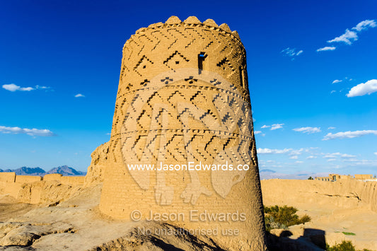 A mud brick watch tower in an ancient desert fortress. Narin Castle, Meybod, Meybod County, Yazd Province, Islamic Republic of Iran.
