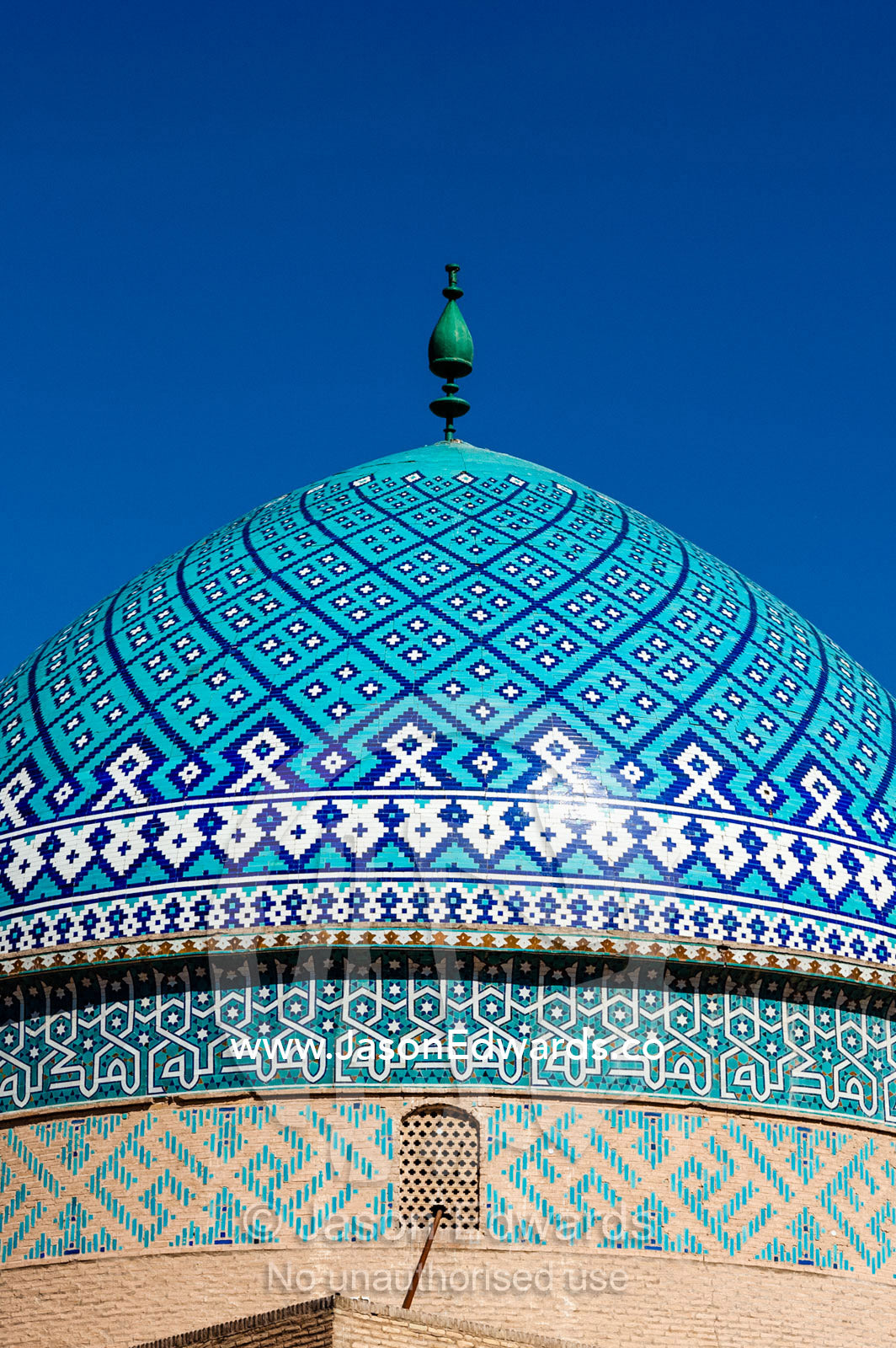 The shining blue tiled dome of the Seyyed mosque beneath a sunny sky. Seyyed Mosque, Yazd, Yazd Province, Islamic Republic of Iran.