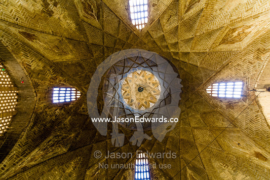 The wonderful geometric ceiling and skylight windows of an ancient bazaar. Yazd, Yazd Province, Islamic Republic of Iran.