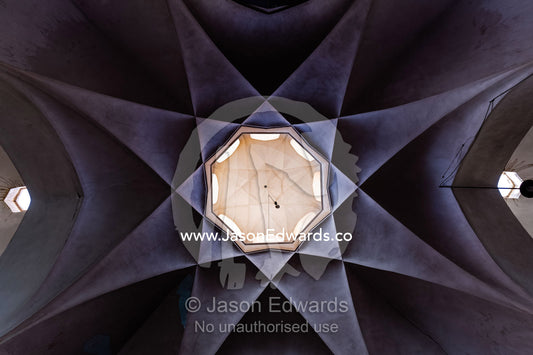 The wonderful geometric star-shaped ceiling of an ancient bazaar. Yazd, Yazd Province, Islamic Republic of Iran.