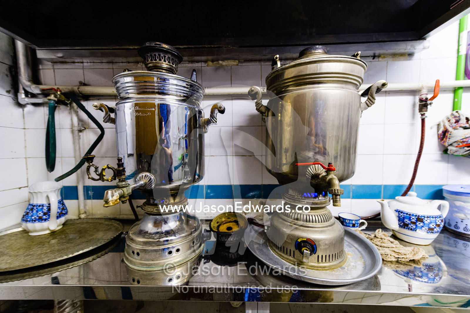 Antique hot water urns in a tea house. Yazd, Yazd Province, Islamic Republic of Iran.