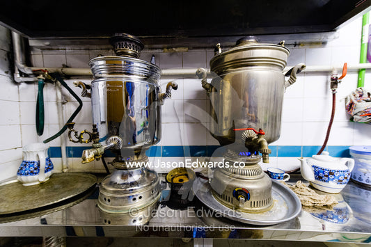 Antique hot water urns in a tea house. Yazd, Yazd Province, Islamic Republic of Iran.