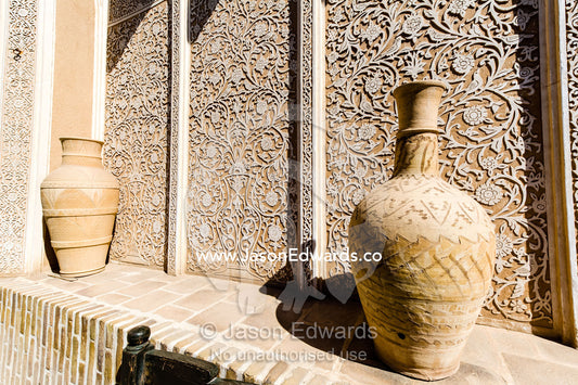 Ancient ceramic water pitchers in a water museum. Yazd Water Museum, Yazd, Yazd Province, Islamic Republic of Iran.