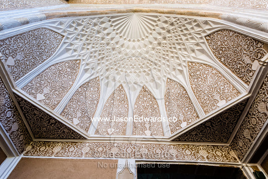 The intricate tiled muqarnas on the vaulted surface of the iwan at the Water Museum. Yazd Water Museum, Yazd, Yazd Province, Islamic Republic of Iran.