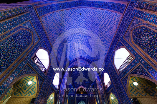 The irridescent blue entrance to the Jame Mosque prayer hall from the main courtyard. Jame Mosque of Yazd, Yazd, Yazd Province, Islamic Republic of Iran.