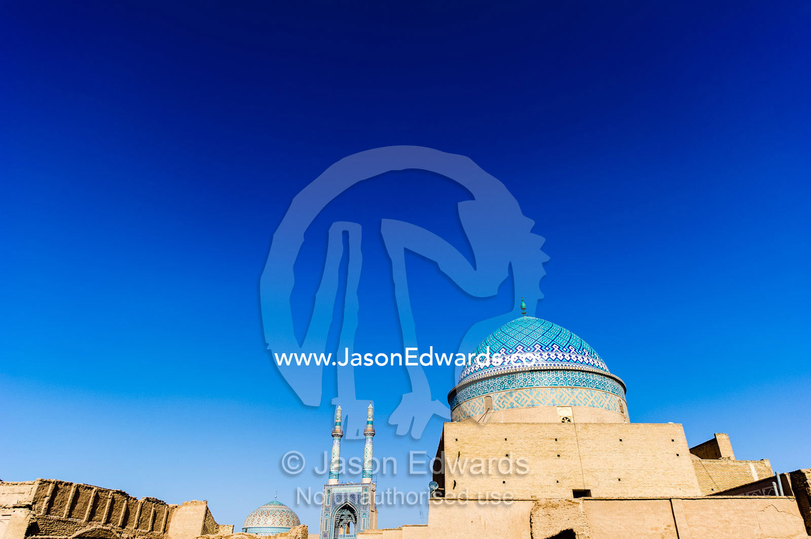 The shining blue tiled dome of the Seyyed mosque beneath a sunny sky. Seyyed Mosque, Yazd, Yazd Province, Islamic Republic of Iran.