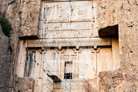 There are four tombs belonging to Achaemenid kings carved from the rock face at the archeological site of Naqsh-e Rustam also known as the Necropolis. Tombs of the Kings, Naqsh-e Rustam, Fars Province, Islamic Republic of Iran.