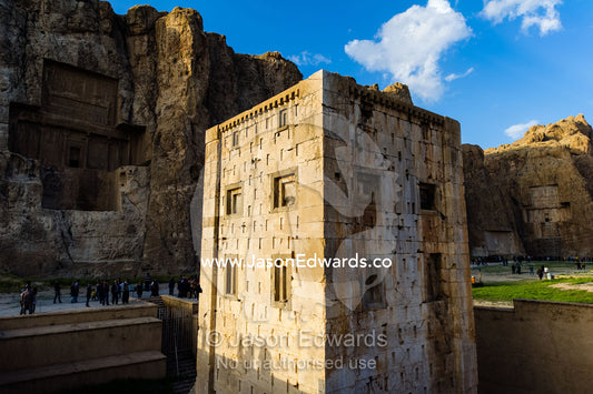 There are four tombs belonging to Achaemenid kings carved from the rock face at the archeological site of Naqsh-e Rustam also known as the Necropolis. Tombs of the Kings, Naqsh-e Rustam, Fars Province, Islamic Republic of Iran.