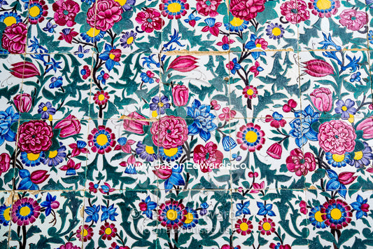 A detail of intricate flower tile patterns in the Vikal Mosque. Vakil Mosque, Shiraz, Fars Province, Islamic Republic of Iran.