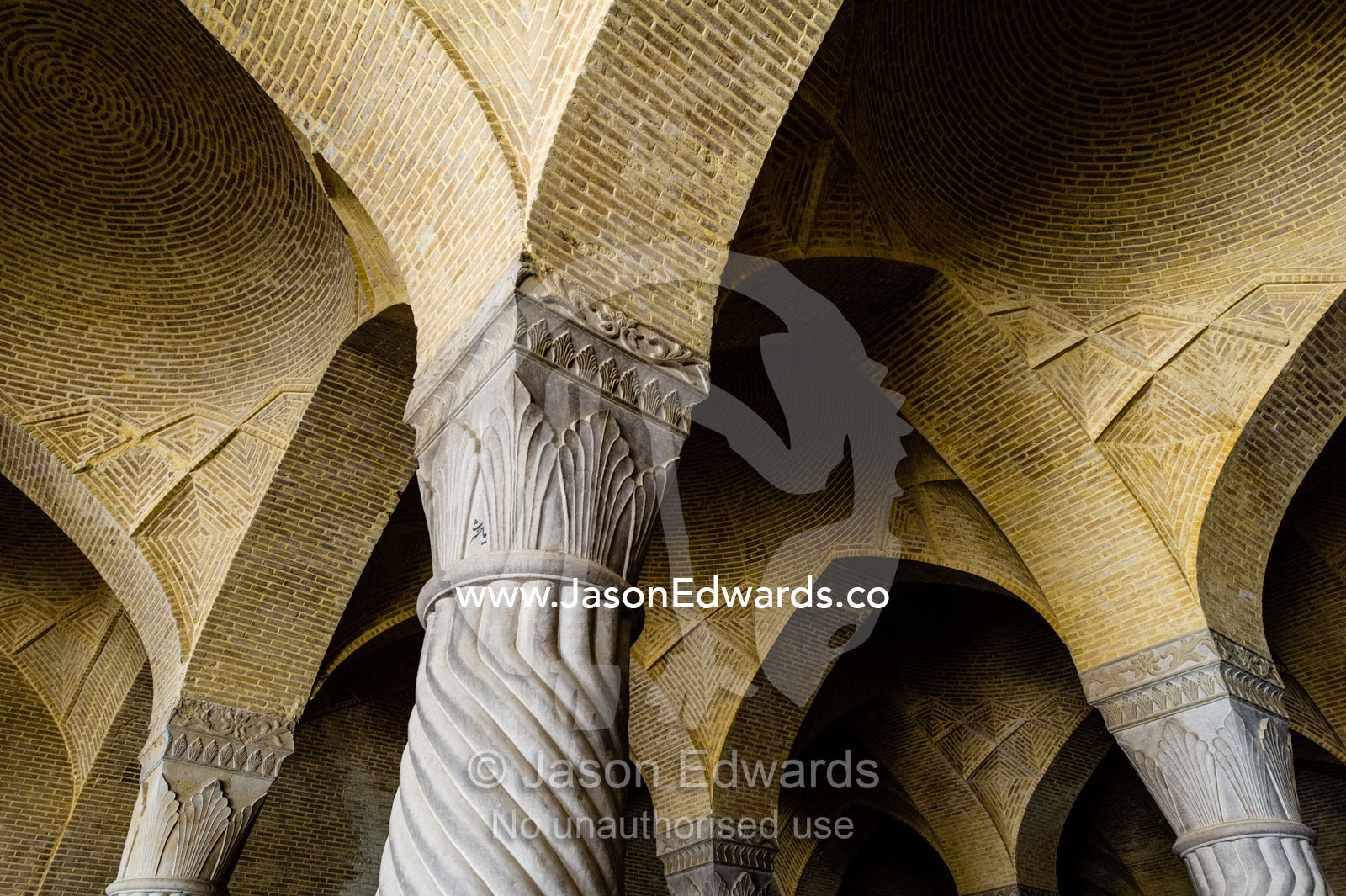 Vaulted ceilings supported by stone columns covered in coiling rope patterns in the Vakil Mosque. Vakil Mosque, Shiraz, Fars Province, Islamic Republic of Iran.