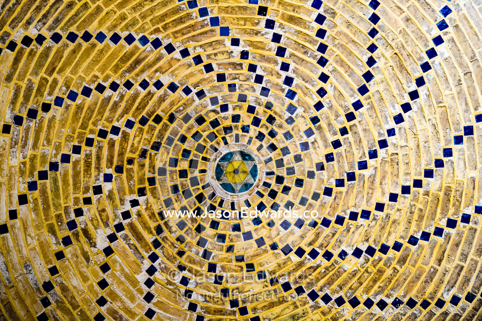 Spiraling tile patterns on the ceiling of the Vakil Mosque. Vakil Mosque, Shiraz, Fars Province, Islamic Republic of Iran.