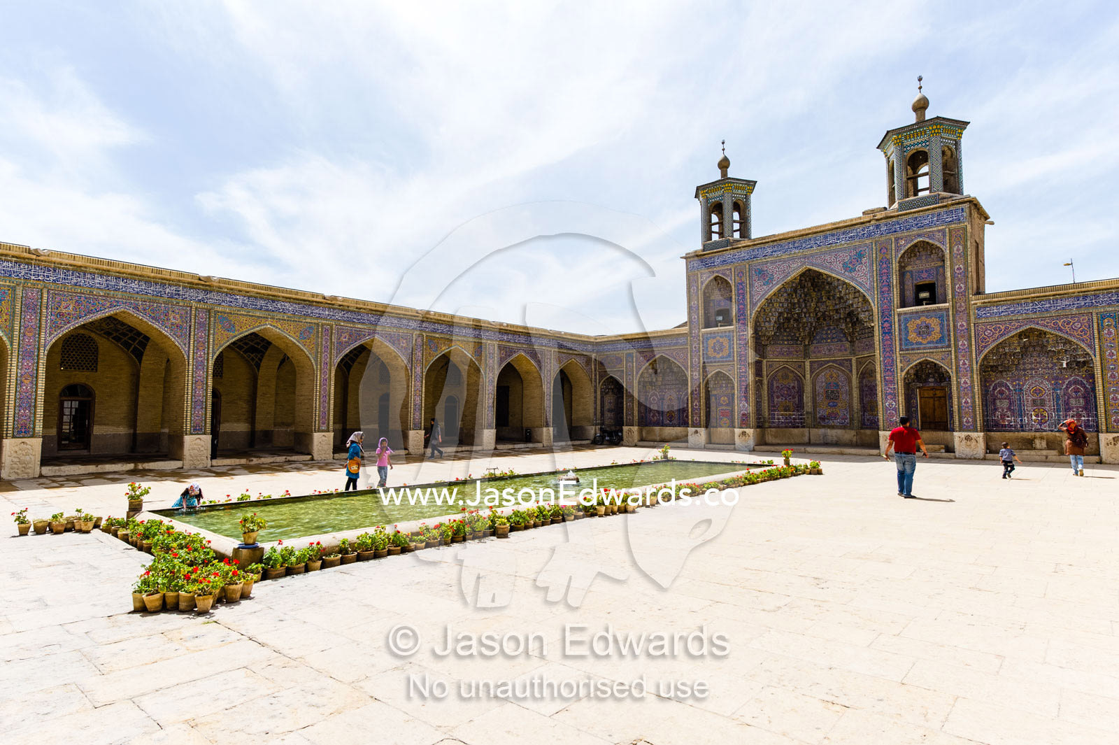 The main courtyard and riwaq in the Nasir ol Molk Mosque. Nasir ol Molk Mosque, Shiraz, Fars Province, Islamic Republic of Iran.