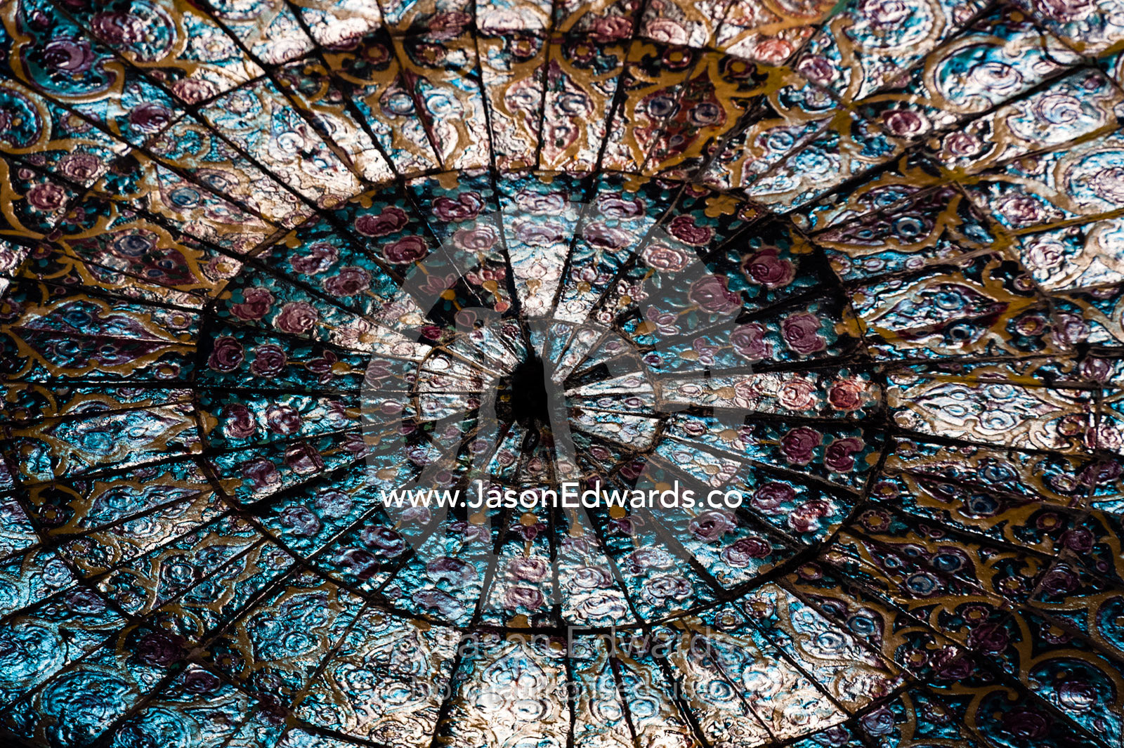 Spiraling tile patterns on the ceiling of the Nasir ol Molk Mosque. Nasir ol Molk Mosque, Shiraz, Fars Province, Islamic Republic of Iran.