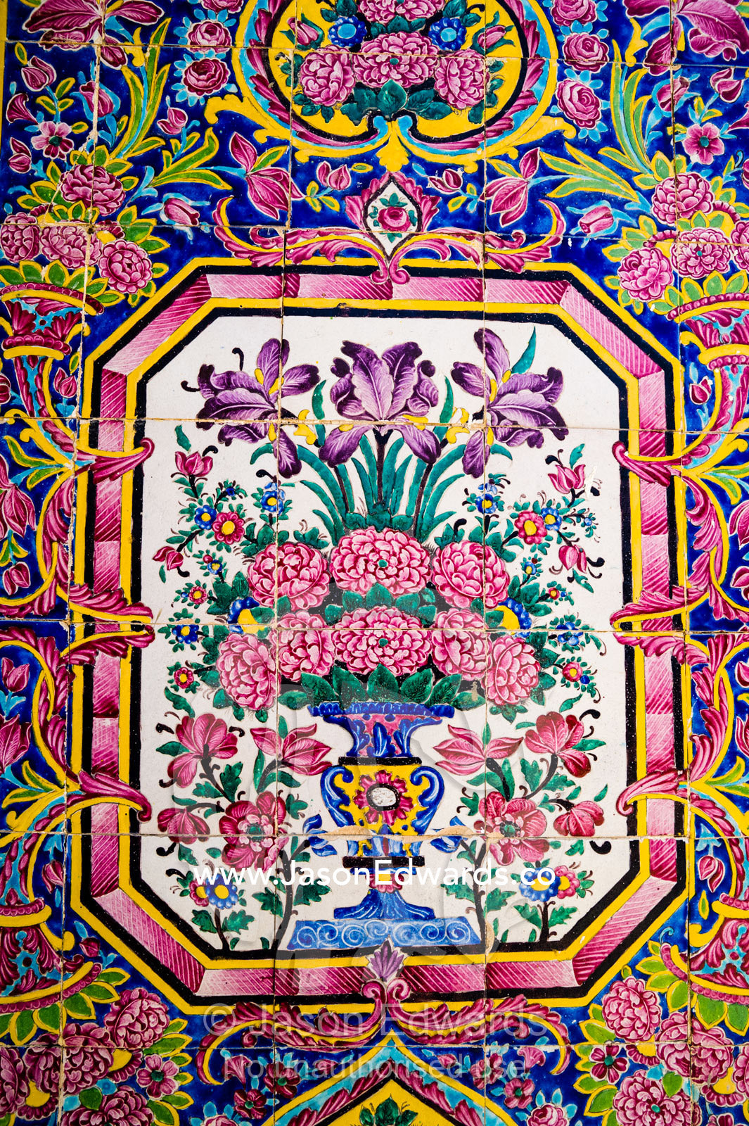A detail of the intricate tiles of the iwan of Nasir ol Molk Mosque. Nasir ol Molk Mosque, Shiraz, Fars Province, Islamic Republic of Iran.