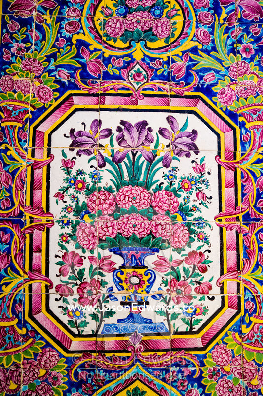 A detail of the intricate tiles of the iwan of Nasir ol Molk Mosque. Nasir ol Molk Mosque, Shiraz, Fars Province, Islamic Republic of Iran.