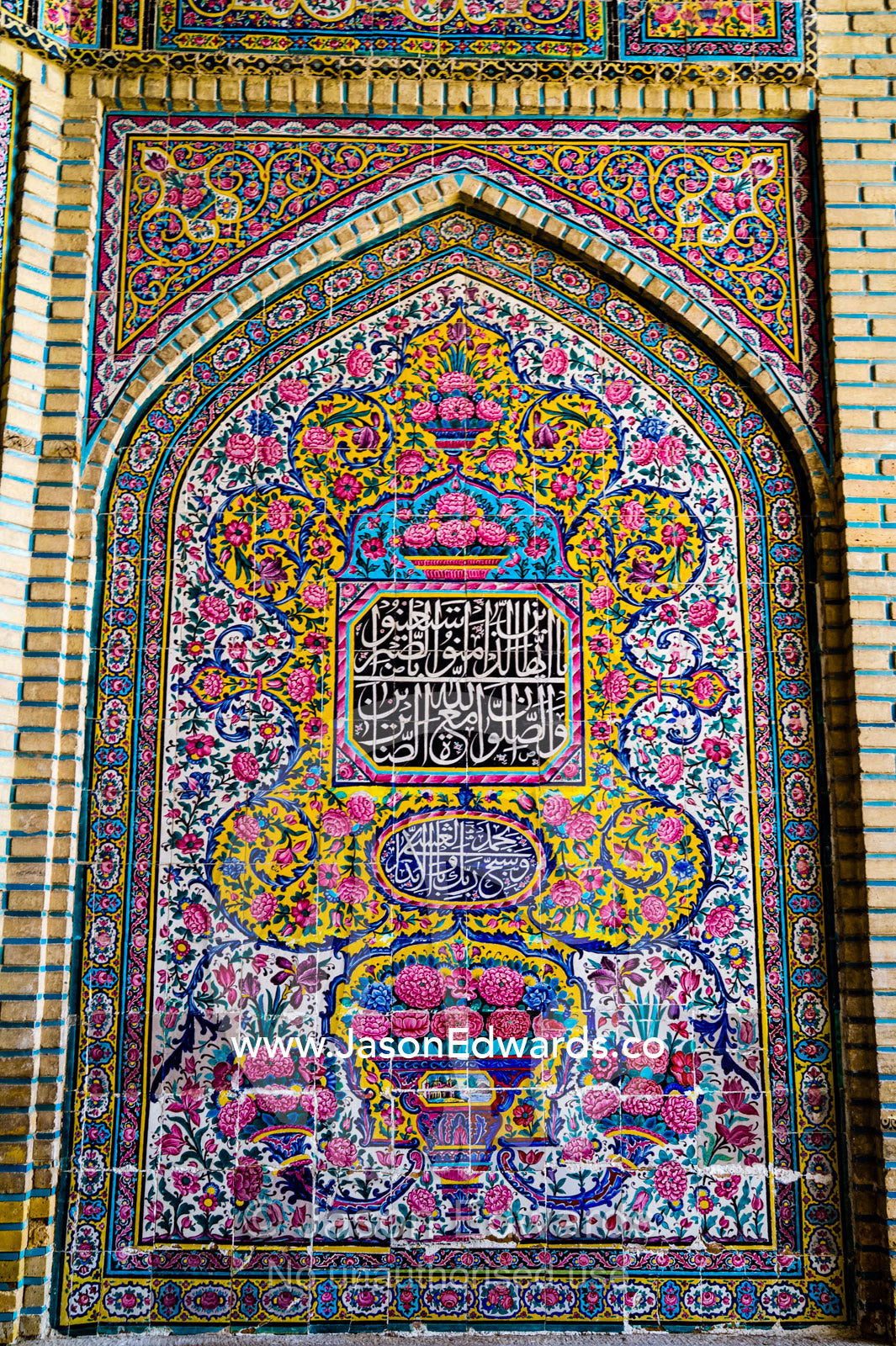 A detail of the intricate tiles of the iwan of Nasir ol Molk Mosque. Nasir ol Molk Mosque, Shiraz, Fars Province, Islamic Republic of Iran.