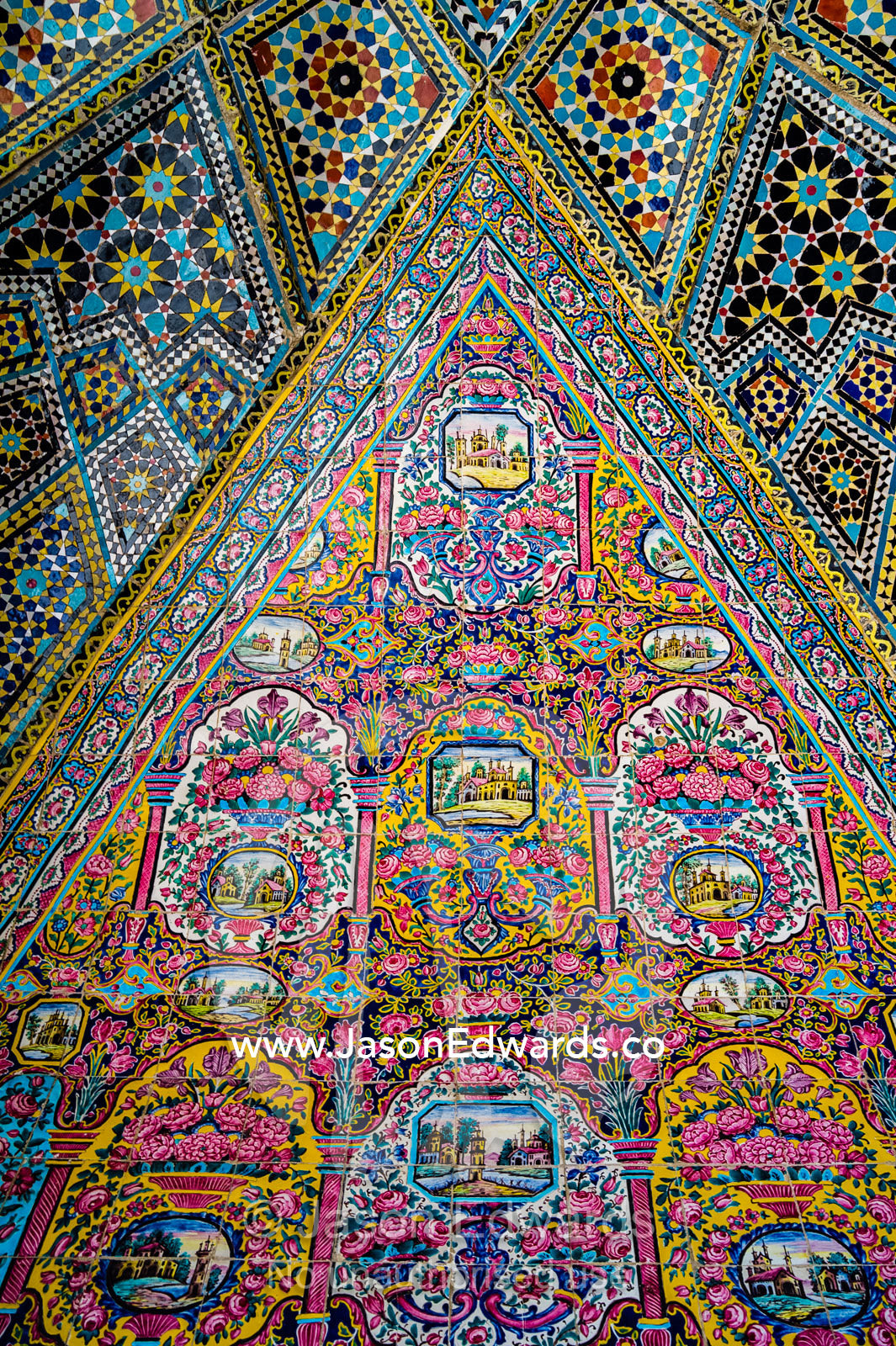 A detail of the intricate tiles of the iwan of Nasir ol Molk Mosque. Nasir ol Molk Mosque, Shiraz, Fars Province, Islamic Republic of Iran.