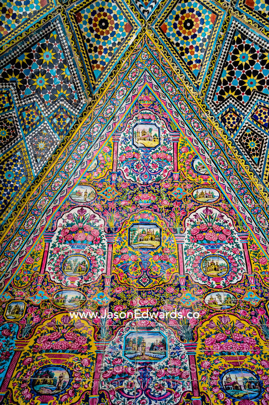 A detail of the intricate tiles of the iwan of Nasir ol Molk Mosque. Nasir ol Molk Mosque, Shiraz, Fars Province, Islamic Republic of Iran.