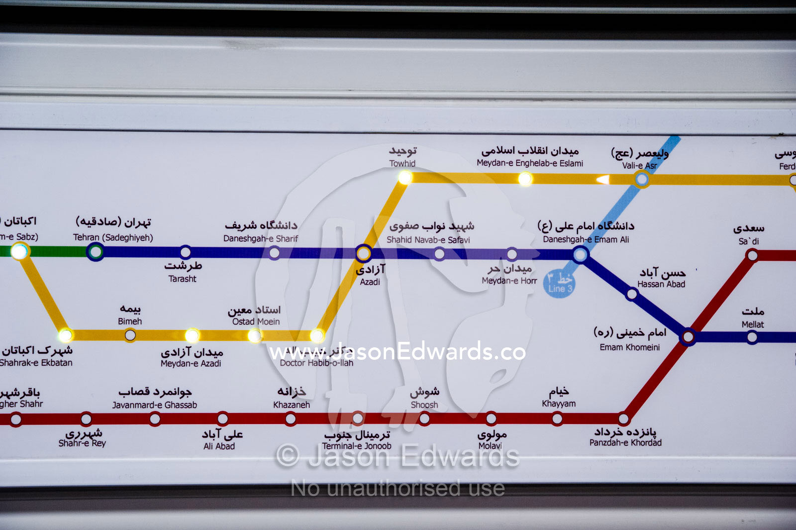 An illuminated map of the railway subway system beneath Tehran in a train carriage. Tehran, Tehran Province, Islamic Republic of Iran.