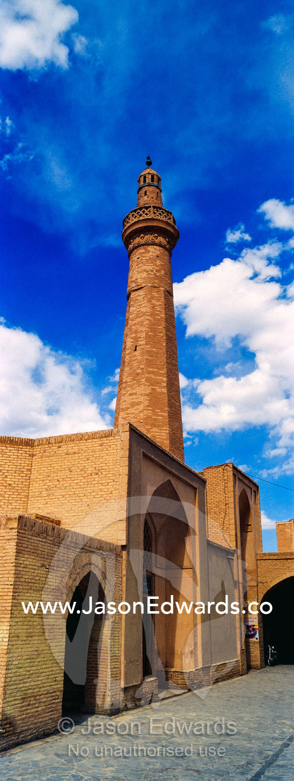 The octagonal minaret of Jame Mosque in Nain. Jameh Mosque of Nain, Nain, Nain County, Isfahan Province, Iran.