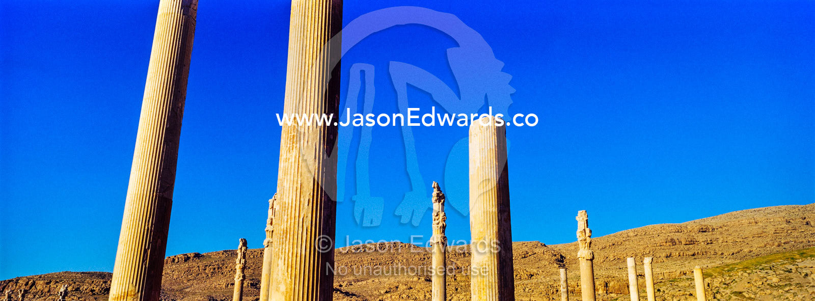 The towering stone columns of the Apandana Palace rising into a clear blue sky. Persepolis, Shiraz, Fars Province, Islamic Republic of Iran.