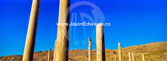 The towering stone columns of the Apandana Palace rising into a clear blue sky. Persepolis, Shiraz, Fars Province, Islamic Republic of Iran.