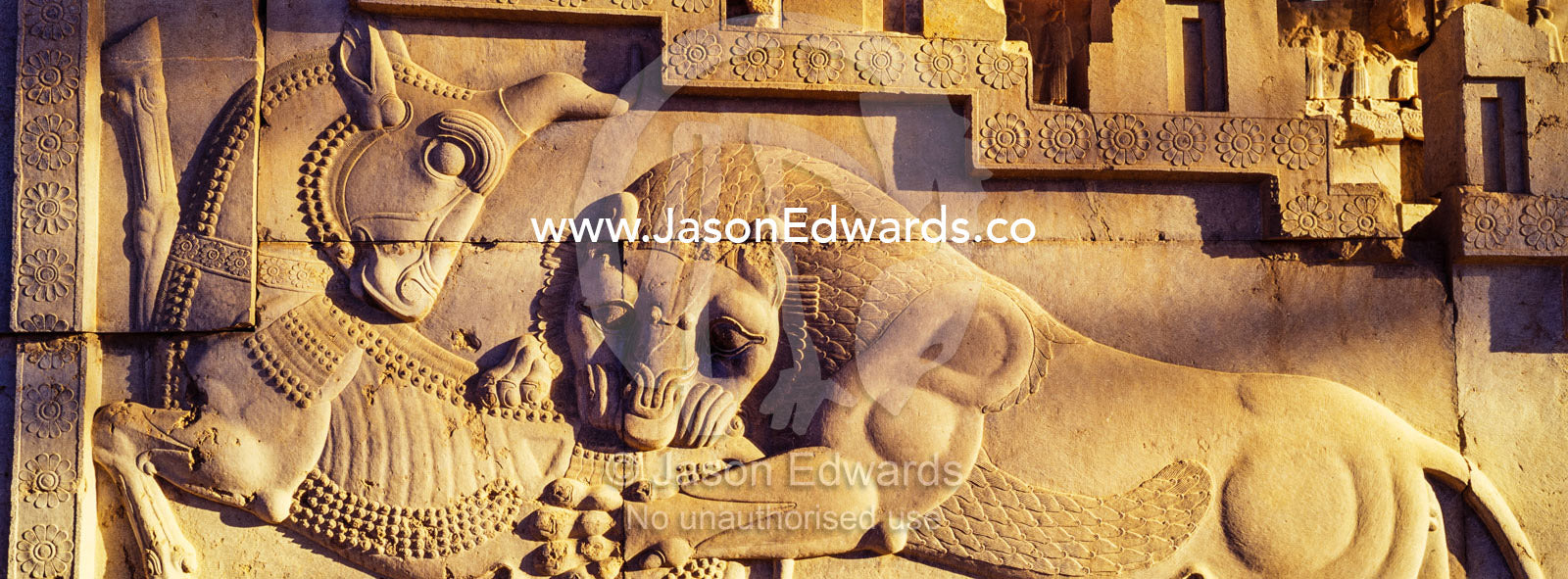 A limestone frieze of a lion battling a bull carved into a stone wall at Persepolis. Persepolis, Shiraz, Fars Province, Islamic Republic of Iran.
