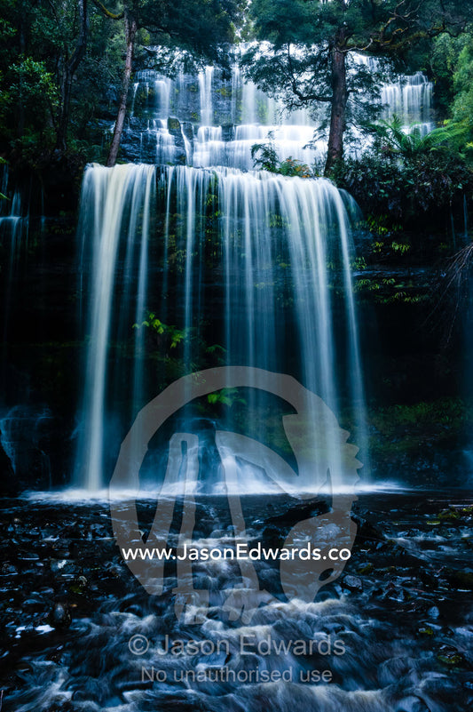 A misty curtain of water cascades down a tiered waterfall in a cool temperate rainforest. Mount Field National Park, Tasmania, Australia.