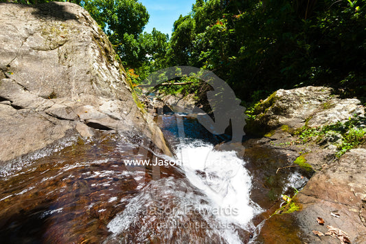 A waterfall cascades down a rocky gully on a tropical island. Waitavala Waterfall, Taveuni Island, Somosomo Strait, Pacific Ocean, Fiji Islands.