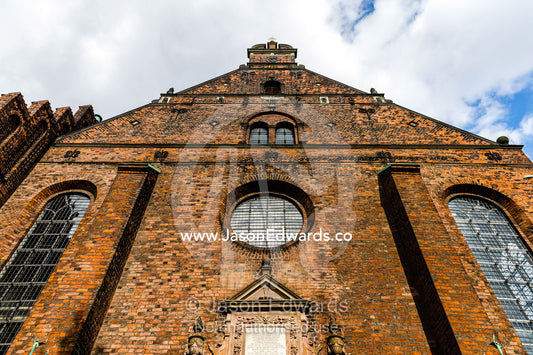 The imposing brick and glass facade of the Church of the Holy Spirit. Church of the Holy Spirit, Copenhagen, Denmark.