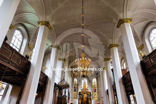 Towering columns in the nave of  the Church of the Holy Spirit. Church of the Holy Spirit, Copenhagen, Denmark.