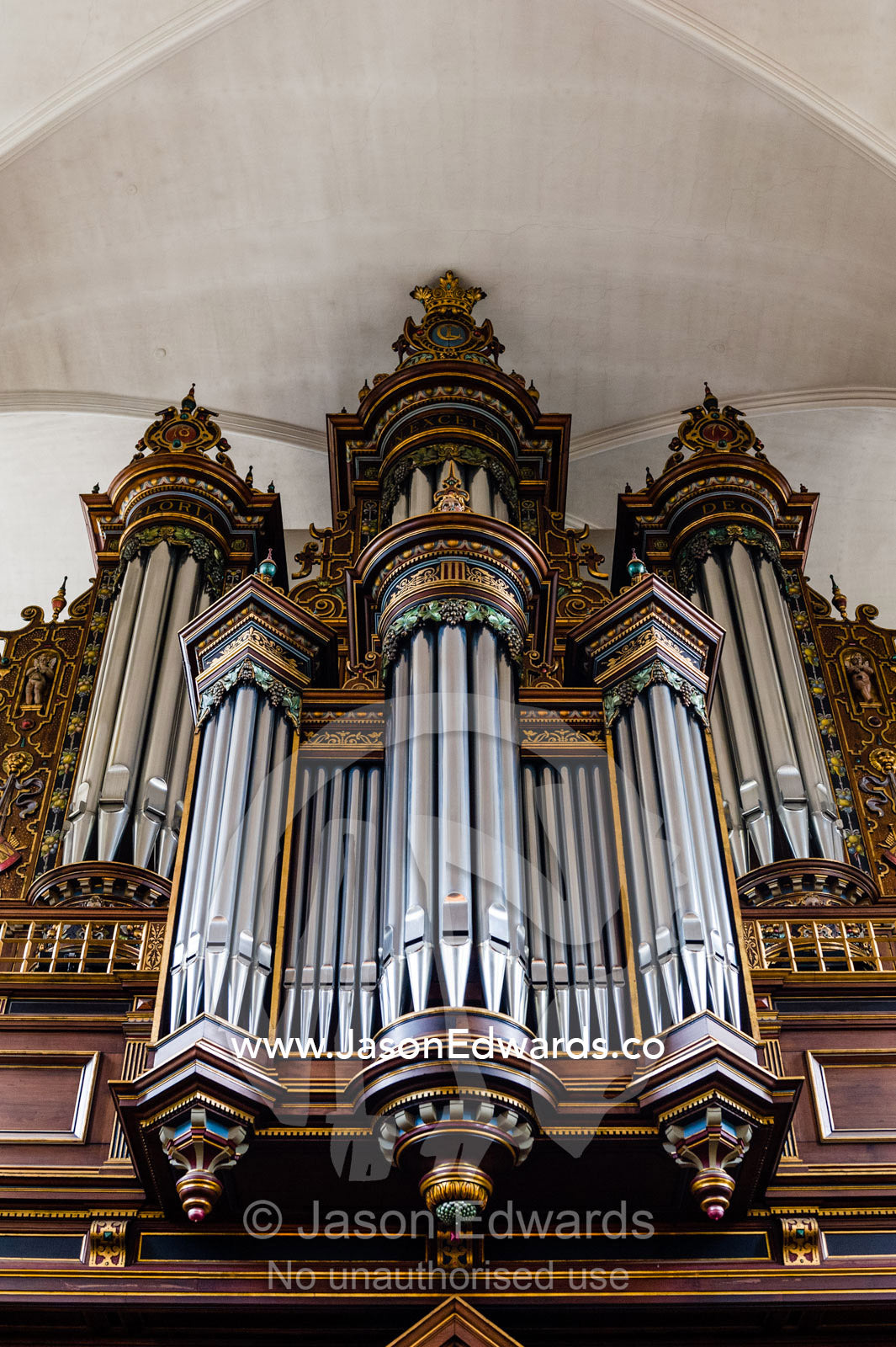 Organ pipes in the Church of the Holy Spirit. Church of the Holy Spirit, Copenhagen, Denmark.