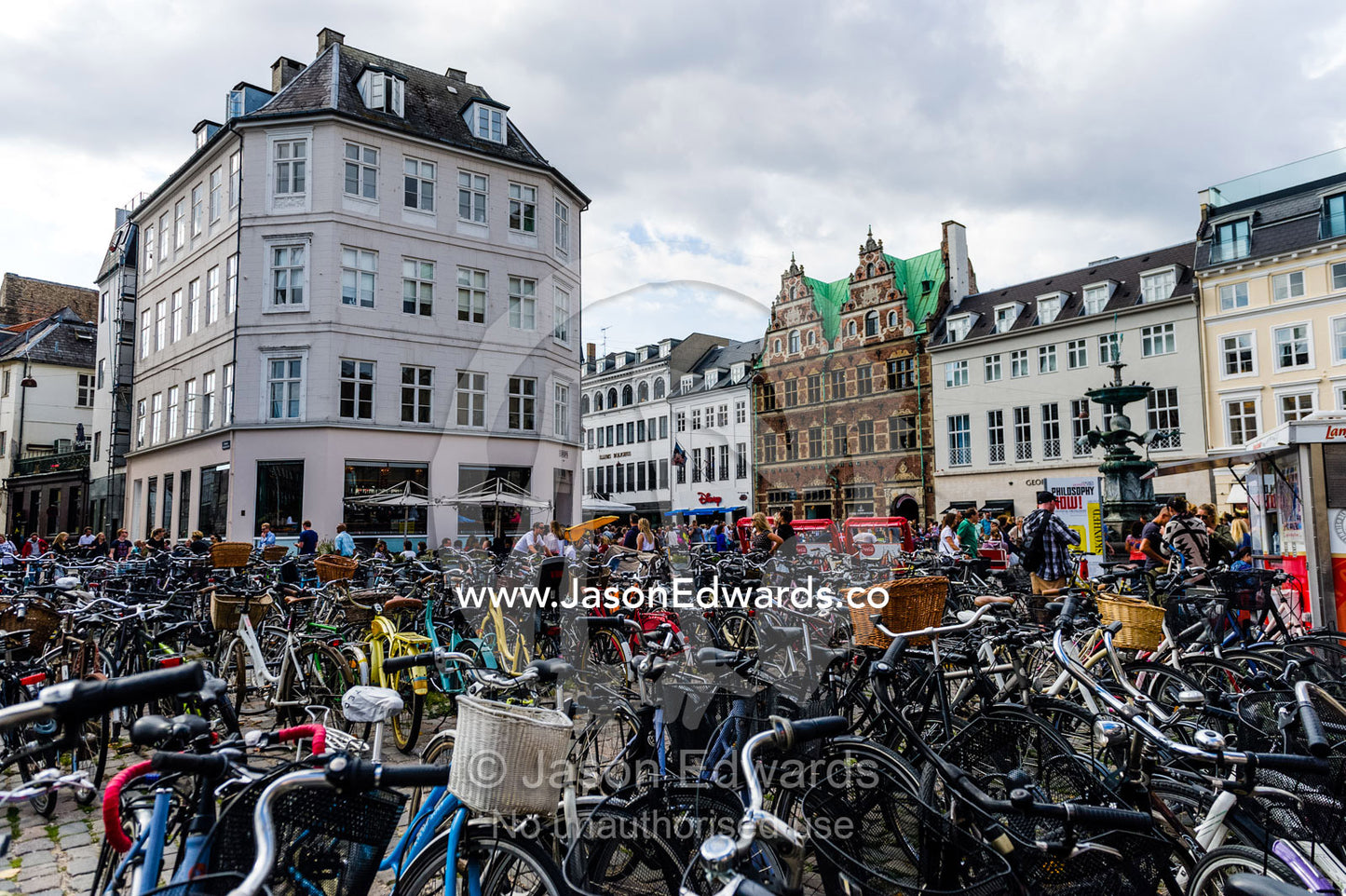 A bike rack in Amagertorv central square in Copenhagen Denmark. Amagertorv Central Square, Copenhagen, Denmark.