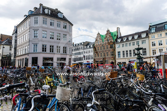 A bike rack in Amagertorv central square in Copenhagen Denmark. Amagertorv Central Square, Copenhagen, Denmark.