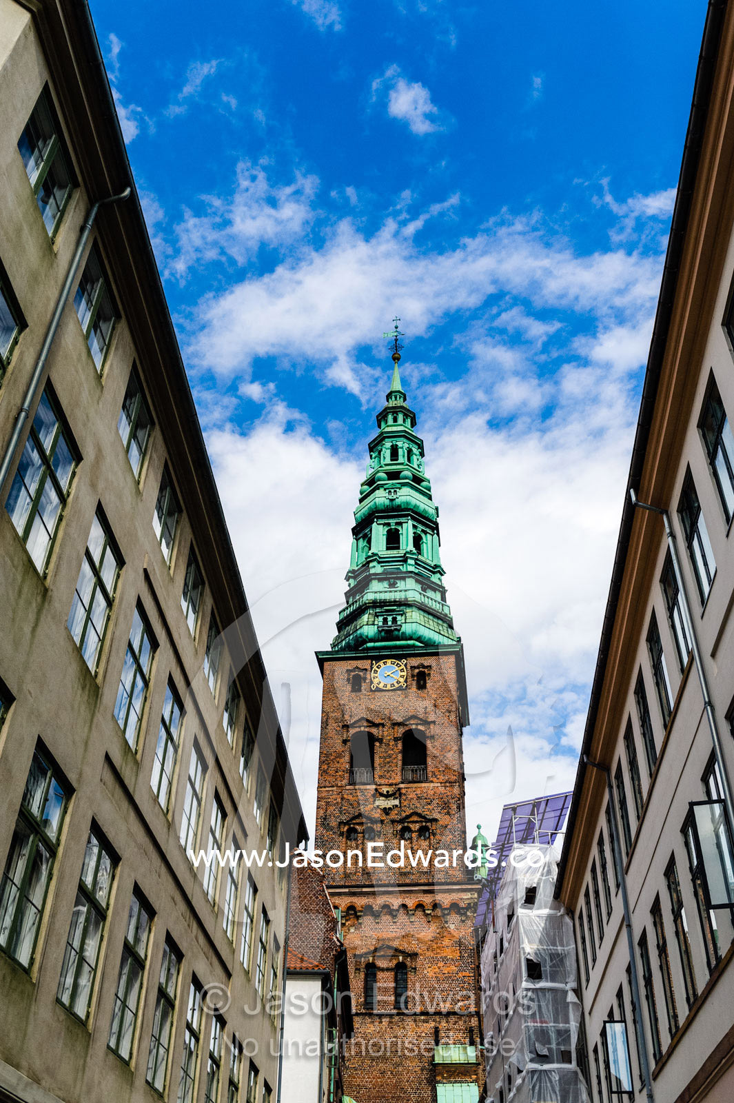 The Steeple of Nikolaj Church above the Nikolaj Contemporary Art Center. Nikolaj Church, Copenhagen, Denmark.